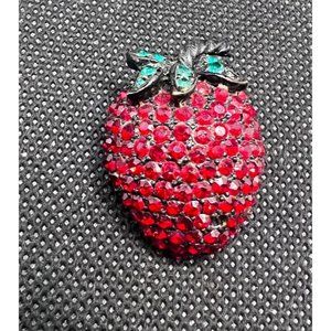 Vintage WEISS Vivid Ruby Red & Emerald Green Rhinestone Strawberry Brooch Pin